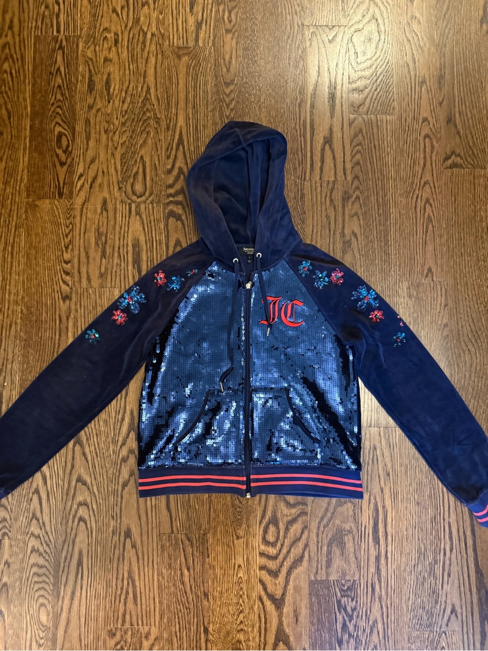 Juicy Couture Navy Blue Sequin & Velvet Hoodie with Red Accent